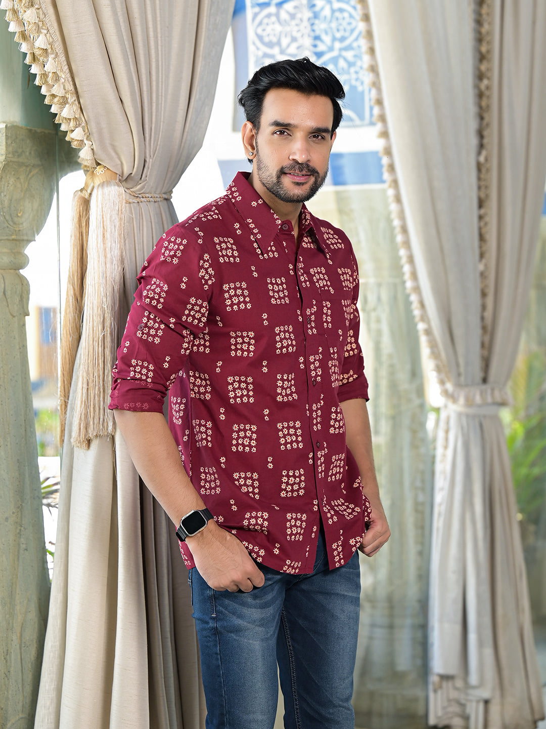 Maroon Foral Geometric Print shirt - Elganza