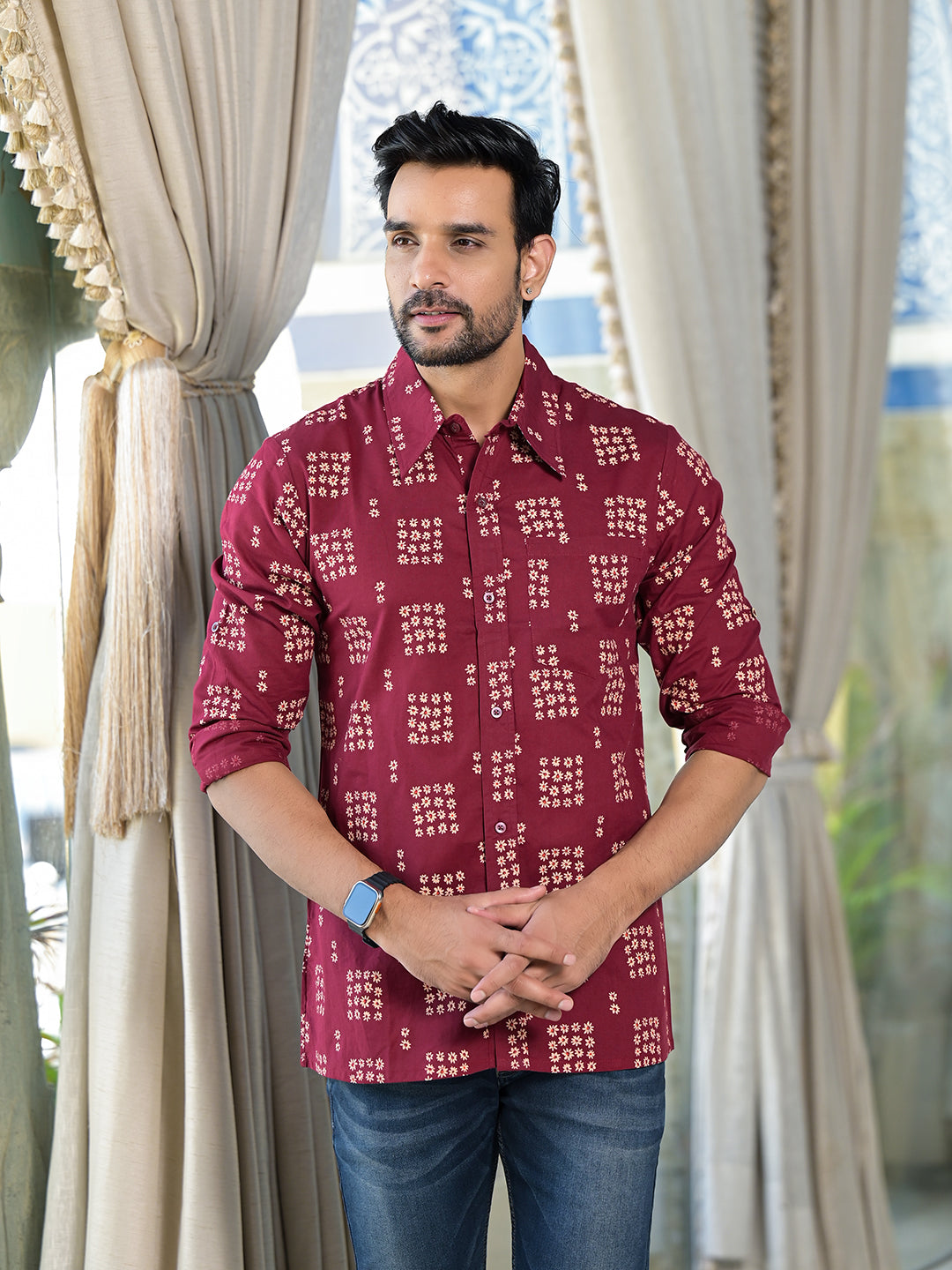 Maroon Foral Geometric Print shirt - Elganza