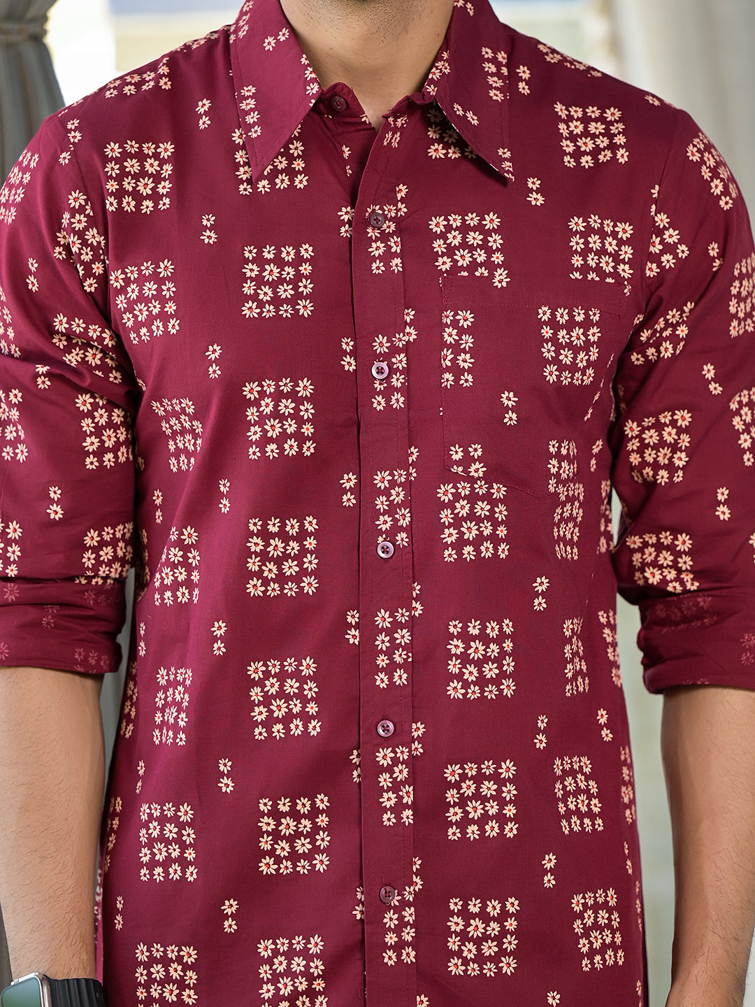 Maroon Foral Geometric Print shirt - Elganza