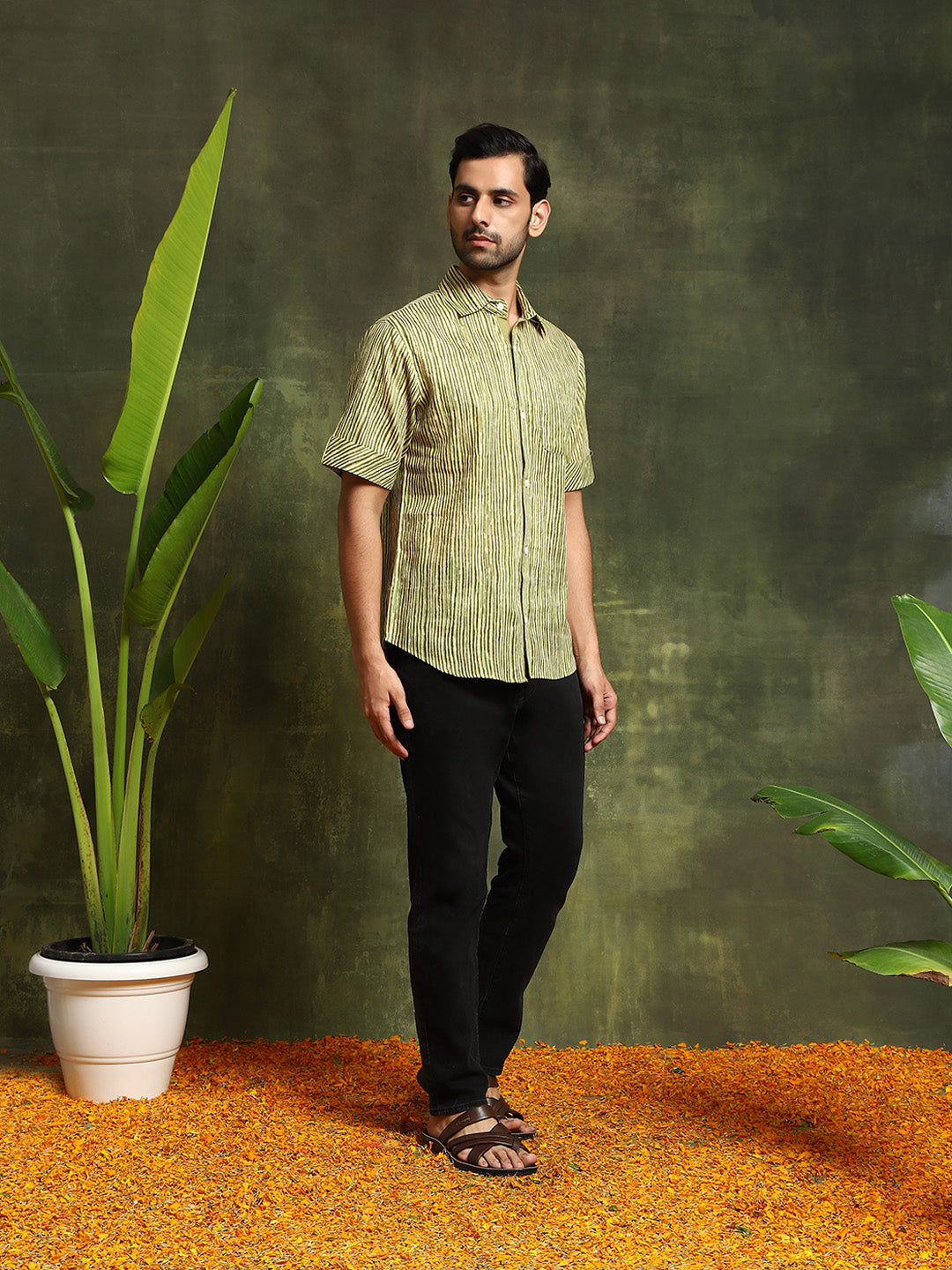 Green Striped Shirt With Roll-Up Sleeve - Elganza