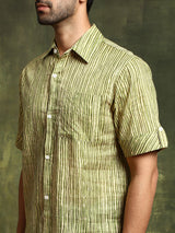 Green Striped Shirt With Roll-Up Sleeve - Elganza