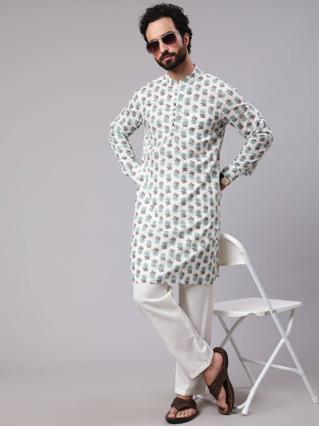 White Floral Print Long Kurta