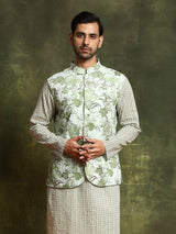 Pastel Green Floral Print Kurta With Nehru Jacket - Elganza