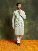 Pastel Green Floral Print Kurta With Nehru Jacket - Elganza