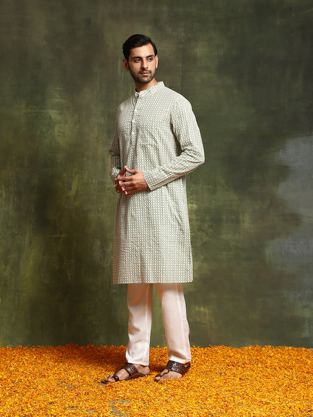 Pastel Green Floral Print Kurta With Nehru Jacket - Elganza