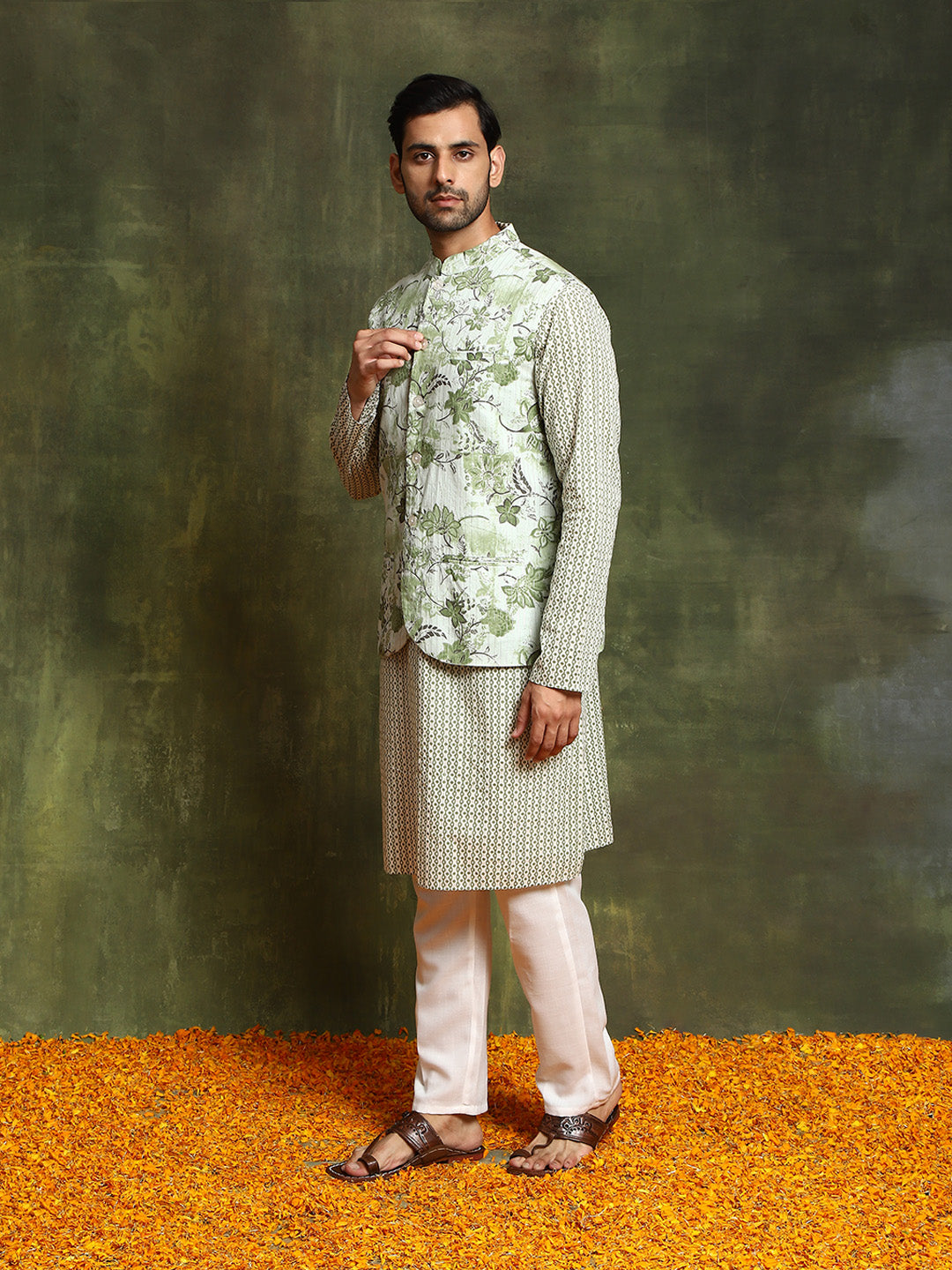 Pastel Green Floral Print Kurta With Nehru Jacket - Elganza