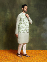 Pastel Green Floral Print Kurta With Nehru Jacket - Elganza