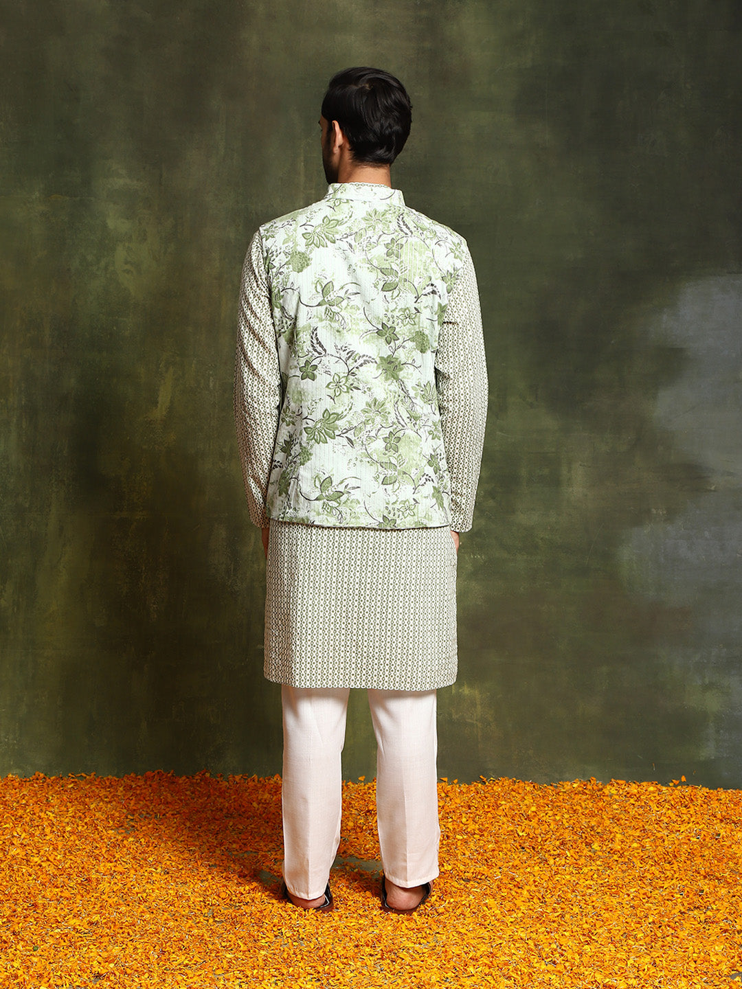 Pastel Green Floral Print Kurta With Nehru Jacket - Elganza