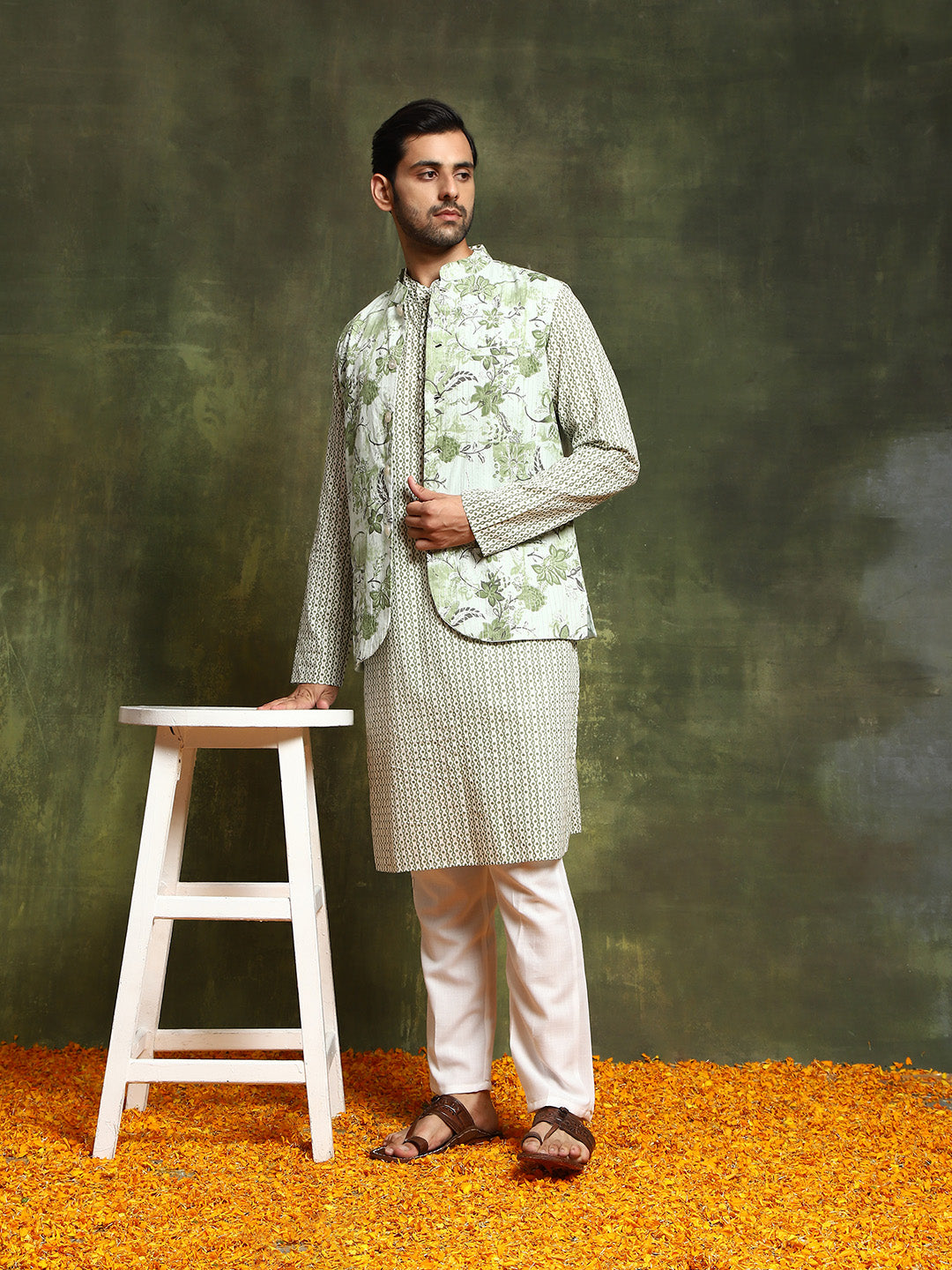 Pastel Green Floral Print Kurta With Nehru Jacket - Elganza