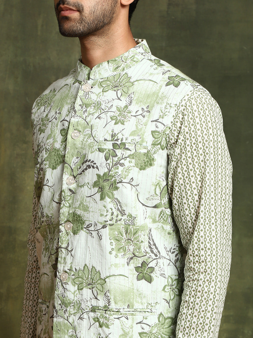 Pastel Green Floral Print Kurta With Nehru Jacket - Elganza
