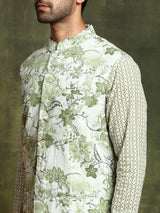 Pastel Green Floral Print Kurta With Nehru Jacket - Elganza