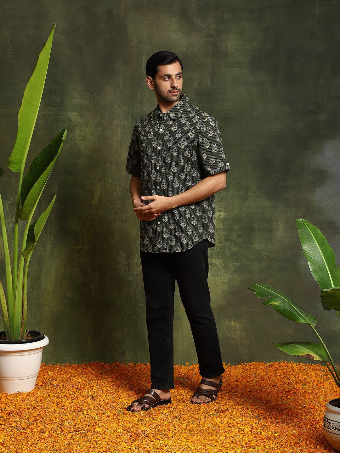 Olive Printed Kantha Work Shirt