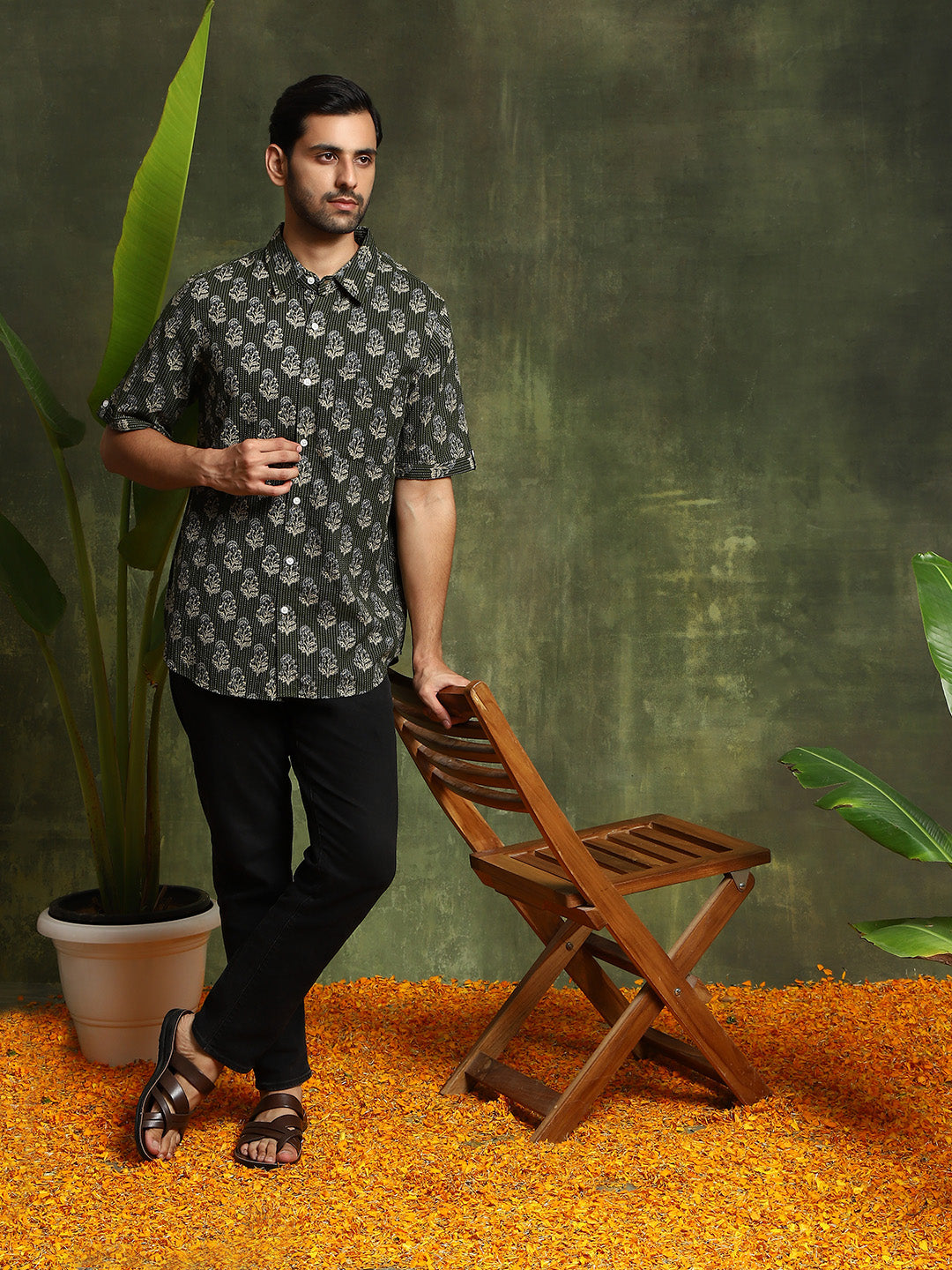 Olive Printed Kantha Work Shirt