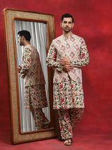Cream Floral Print Kurta Pyjama With Nehru Jacket