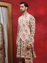 Cream Floral Print Kurta Pyjama With Nehru Jacket