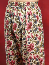 Cream Floral Print Kurta Pyjama With Nehru Jacket