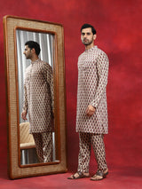 Brown Floral Print Kurta Pyjama With Nehru Jacket