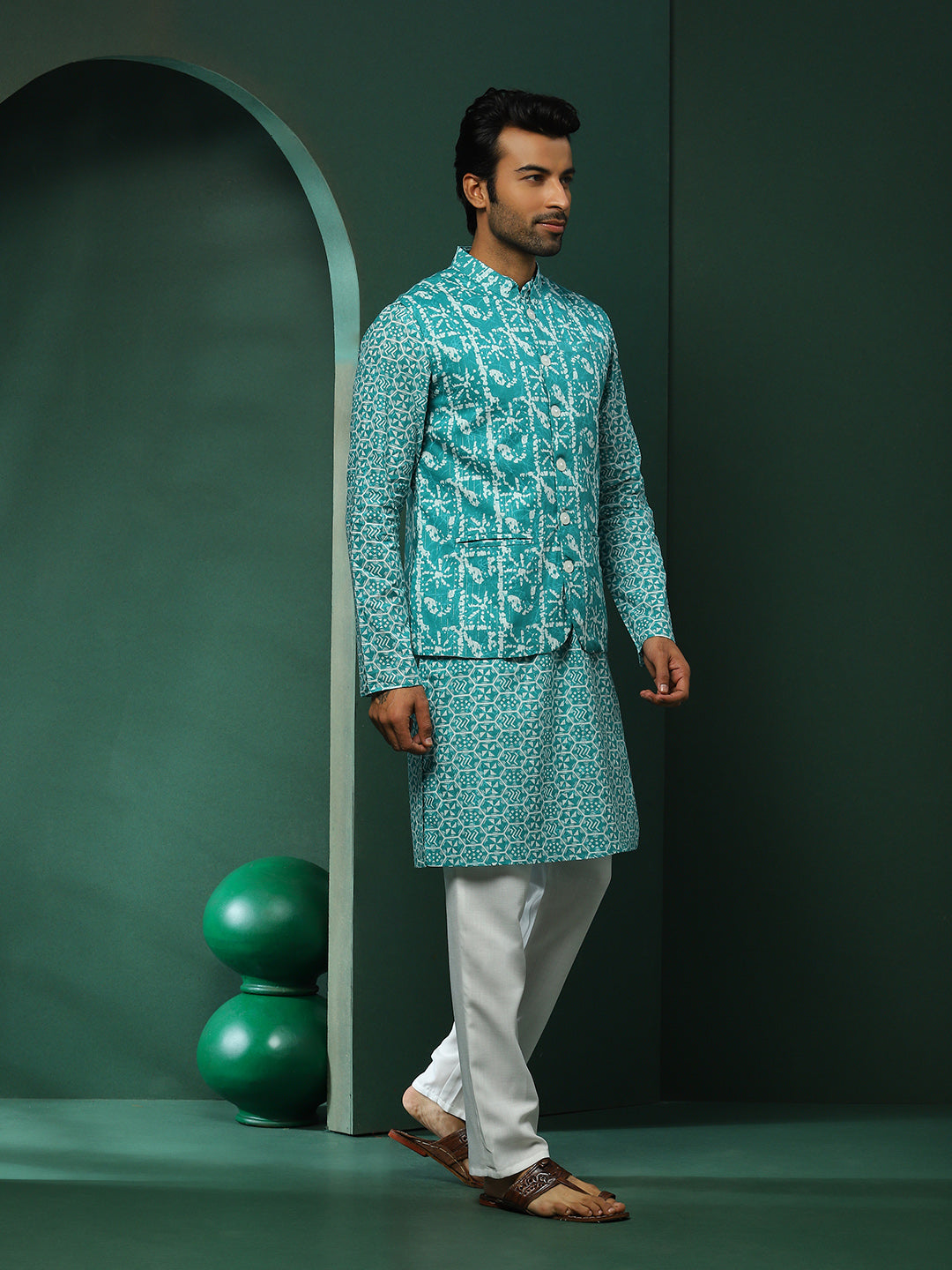 Turquoise Blue Printed Kurta With Nehru Jacket