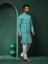 Turquoise Blue Printed Kurta With Nehru Jacket