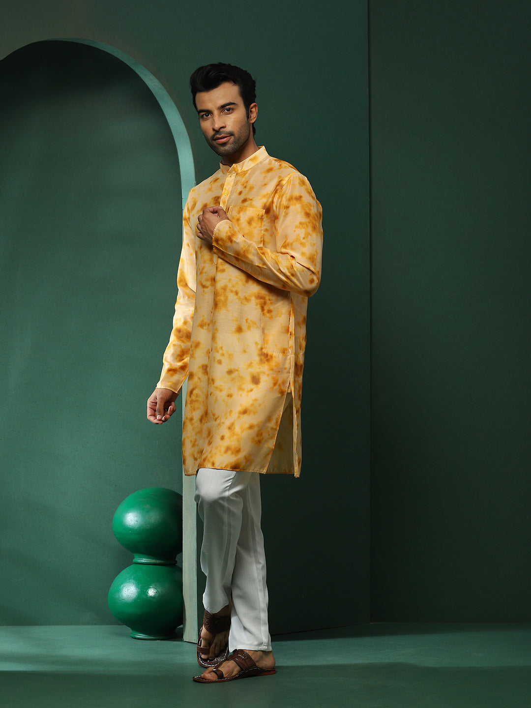 Beige Tie-Dye Print Long Kurta