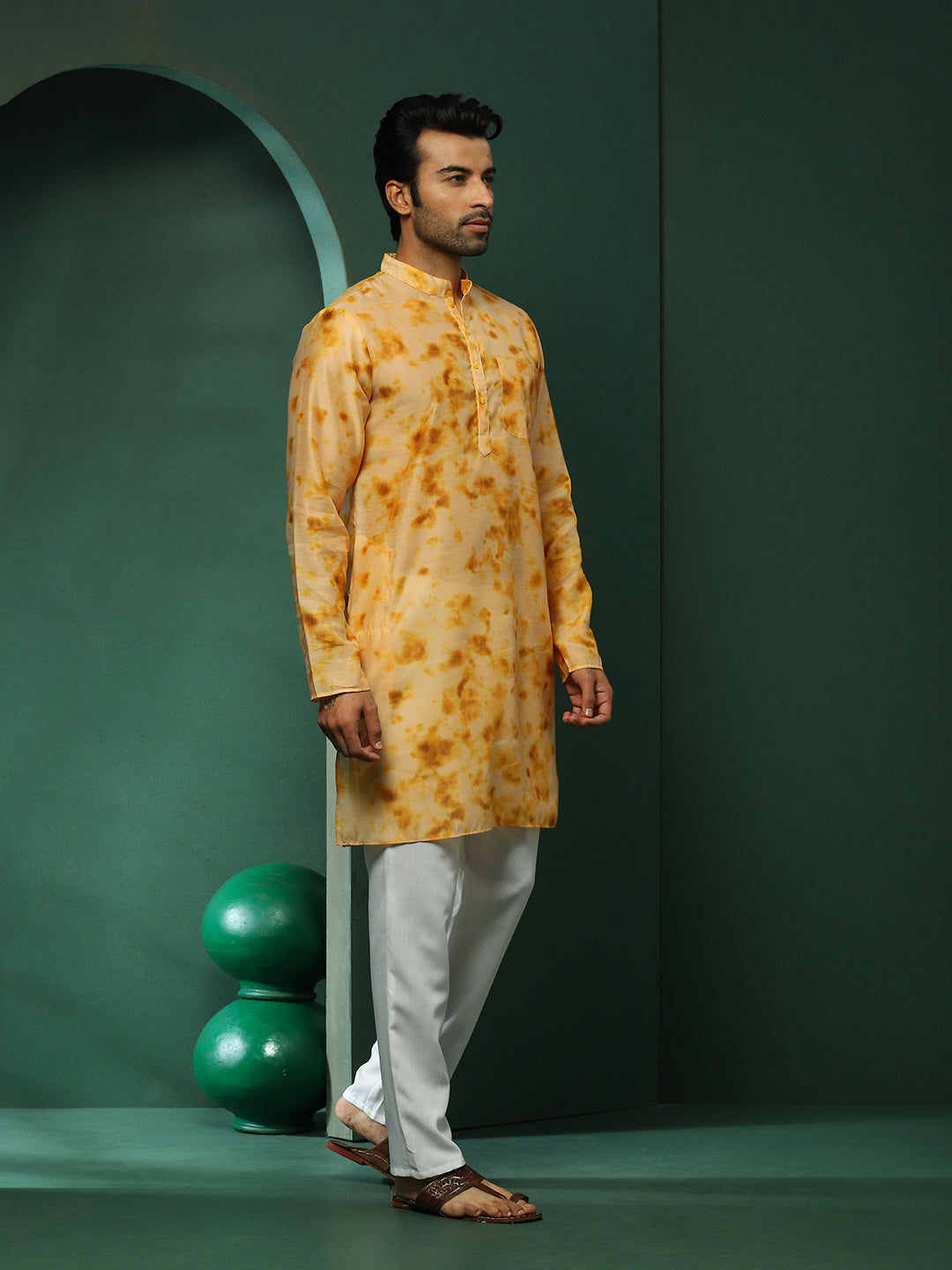 Beige Tie-Dye Print Long Kurta