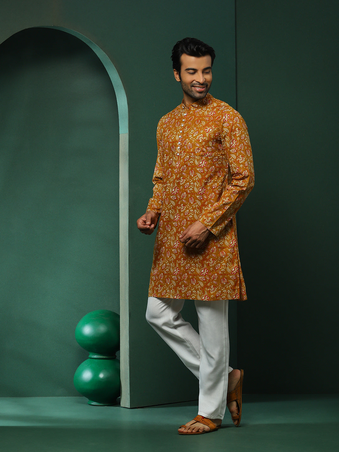 Mustard Floral Print Long Kurta