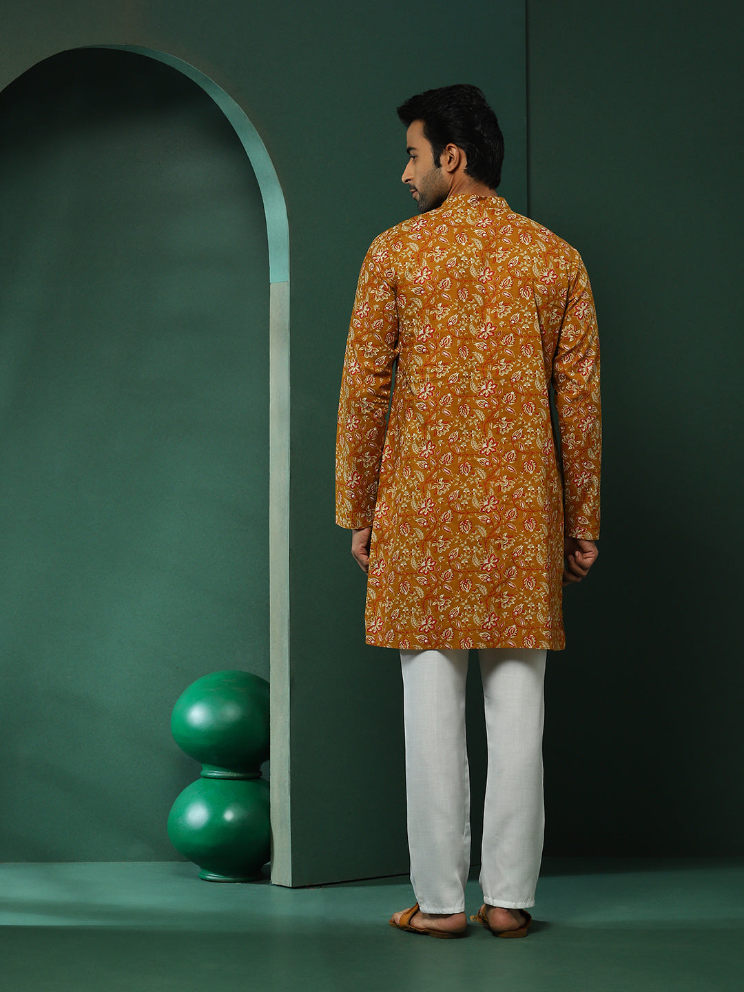 Mustard Floral Print Long Kurta
