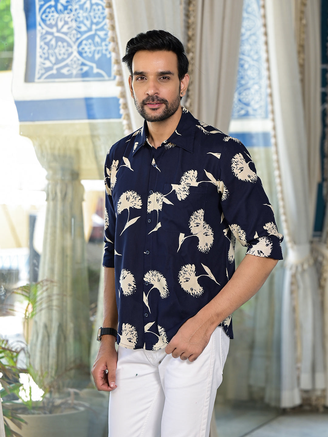 Indigo Floral Printed Shirt - Elganza