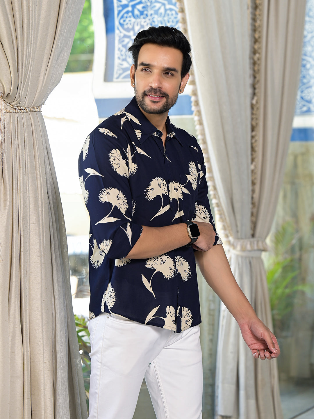 Indigo Floral Printed Shirt - Elganza