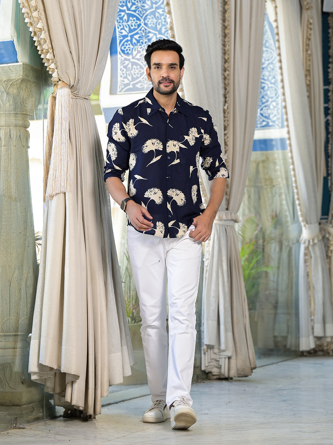 Indigo Floral Printed Shirt - Elganza
