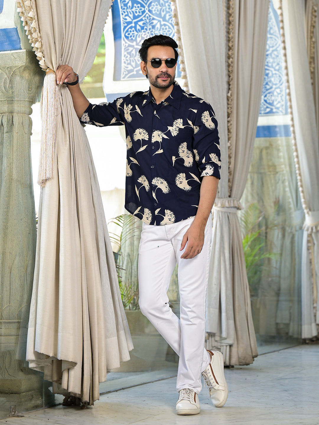 Indigo Floral Printed Shirt - Elganza