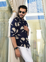 Indigo Floral Printed Shirt - Elganza