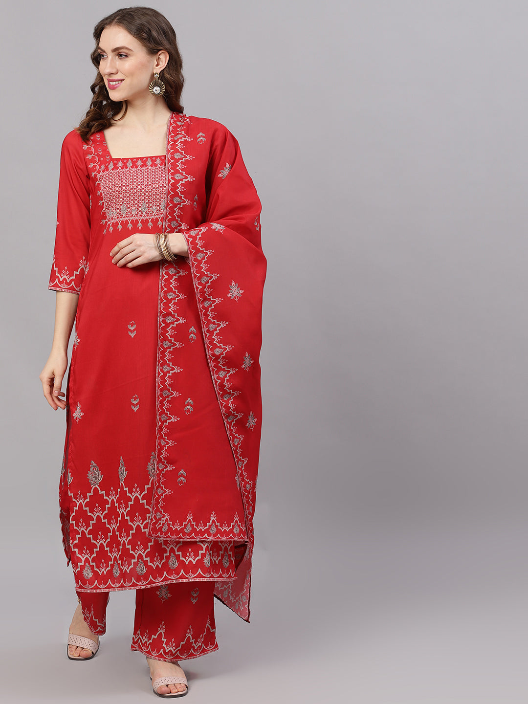 Red Printed Kurta With Palazzo - Elganza