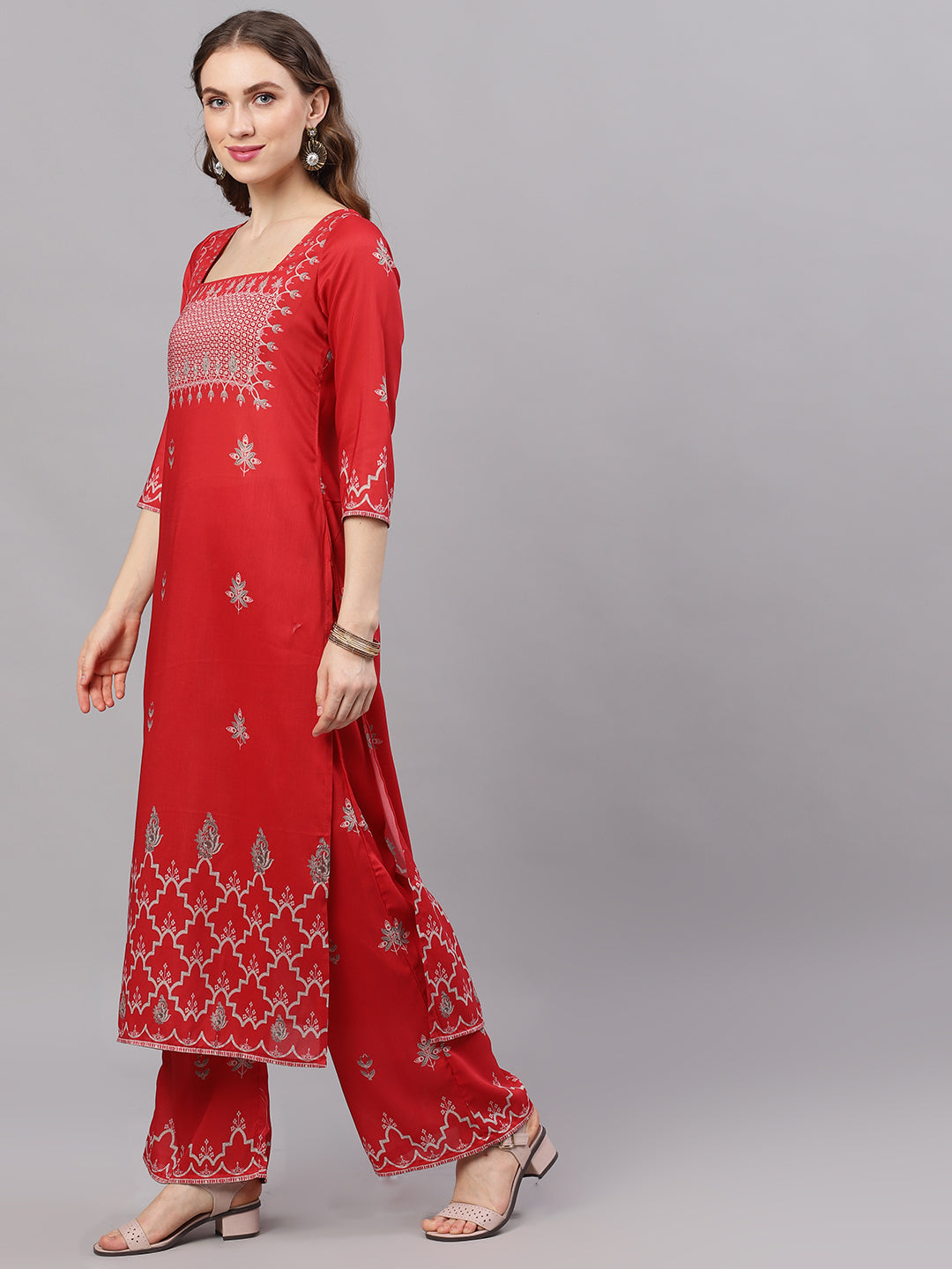 Red Printed Kurta With Palazzo - Elganza