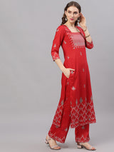 Red Printed Kurta With Palazzo - Elganza