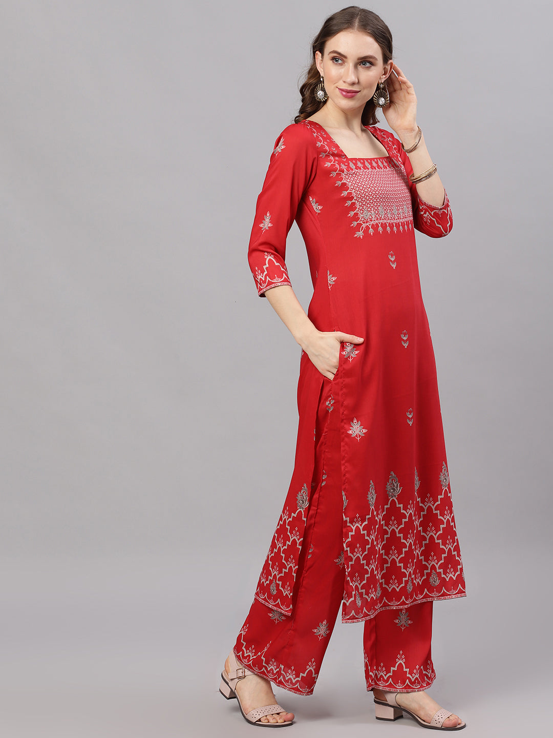 Red Printed Kurta With Palazzo - Elganza