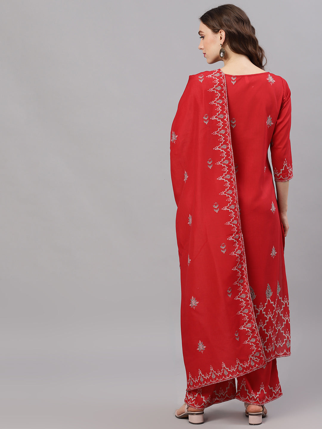Red Printed Kurta With Palazzo - Elganza