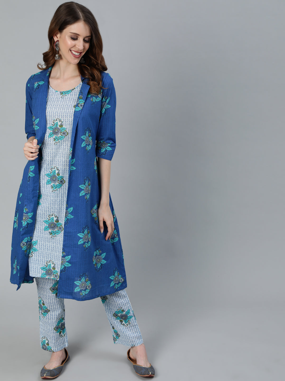 Blue Floral Print Kurta Pant With Jacket - Elganza