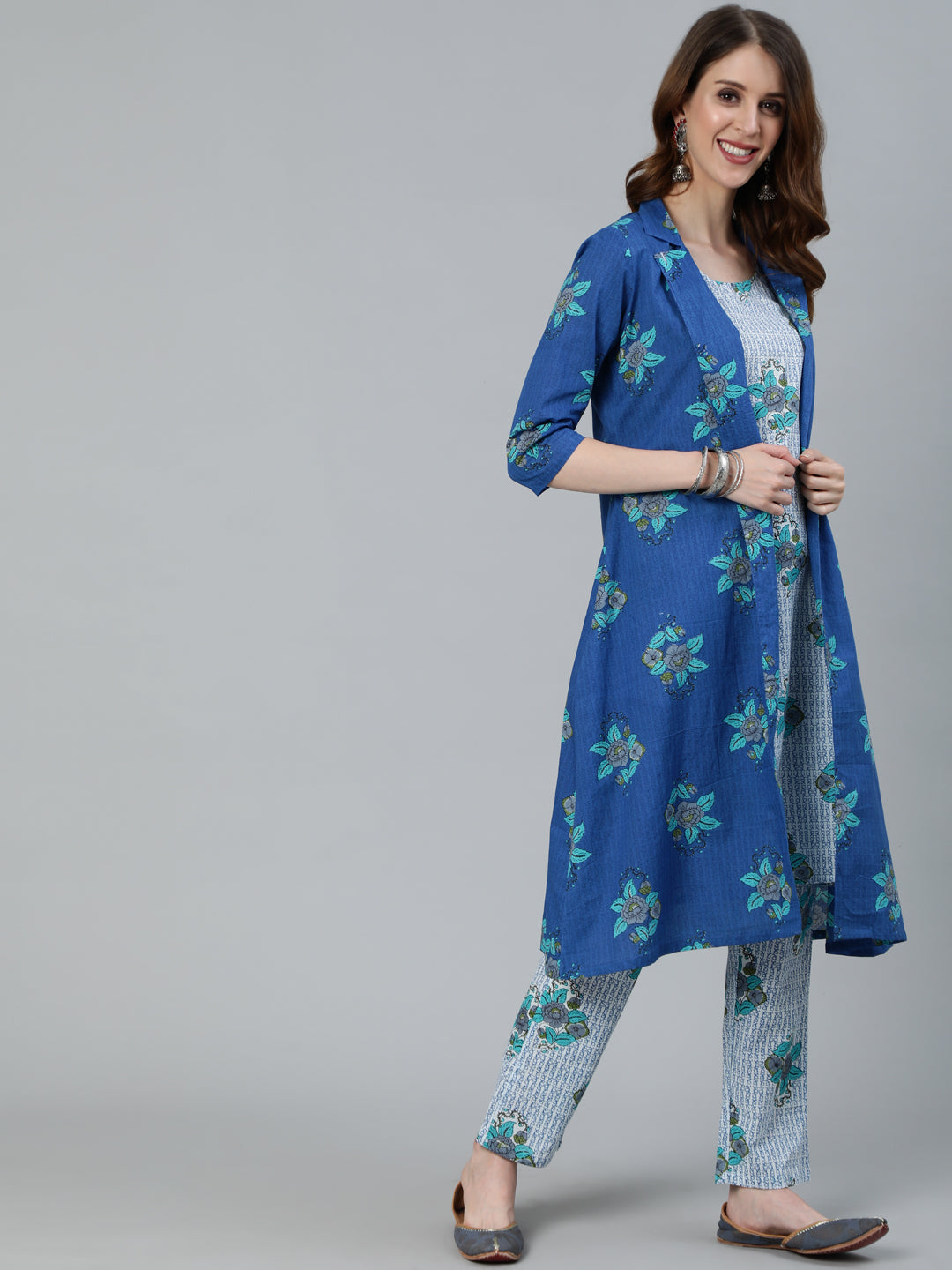 Blue Floral Print Kurta Pant With Jacket - Elganza
