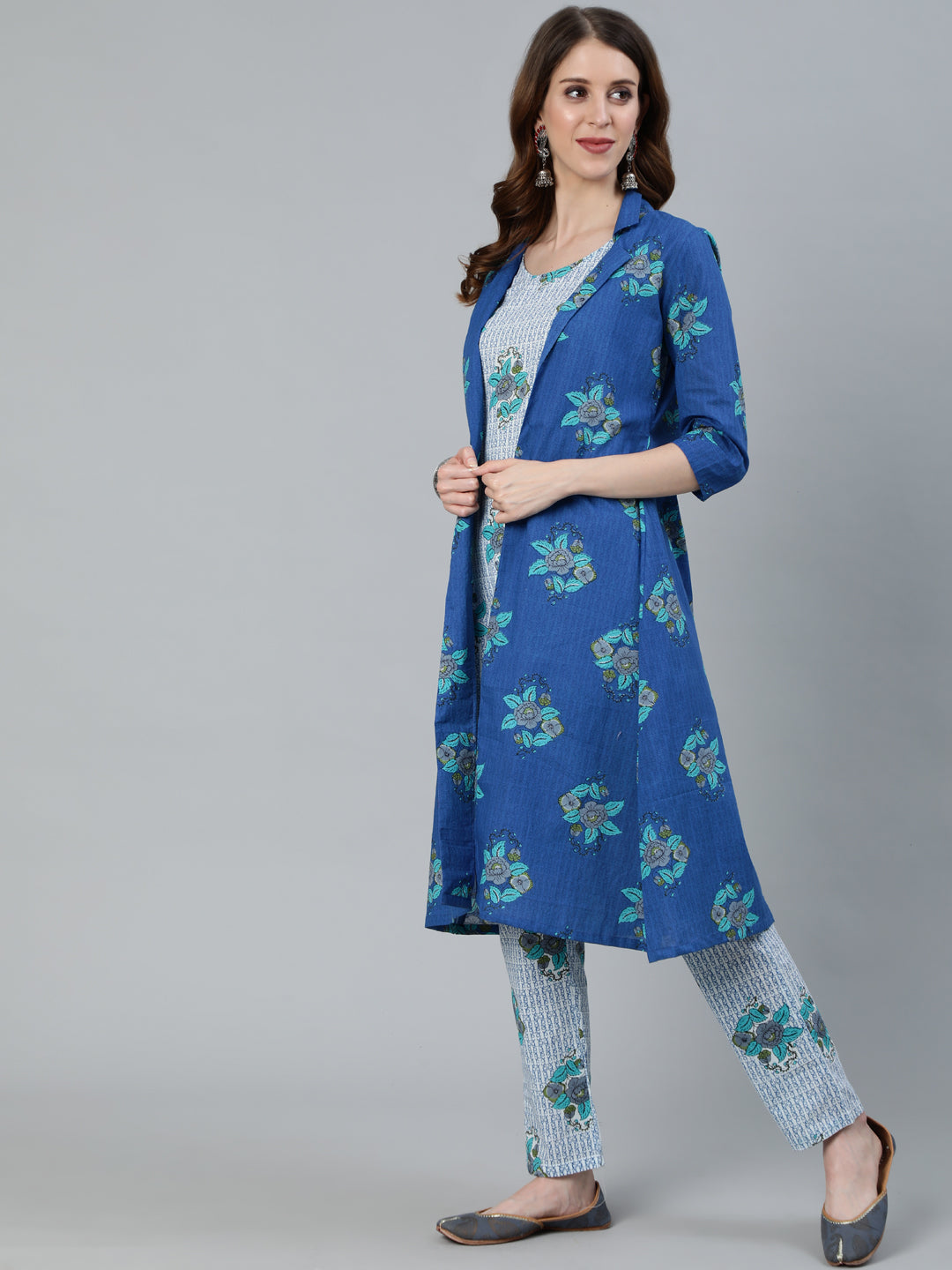 Blue Floral Print Kurta Pant With Jacket - Elganza