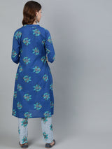 Blue Floral Print Kurta Pant With Jacket - Elganza