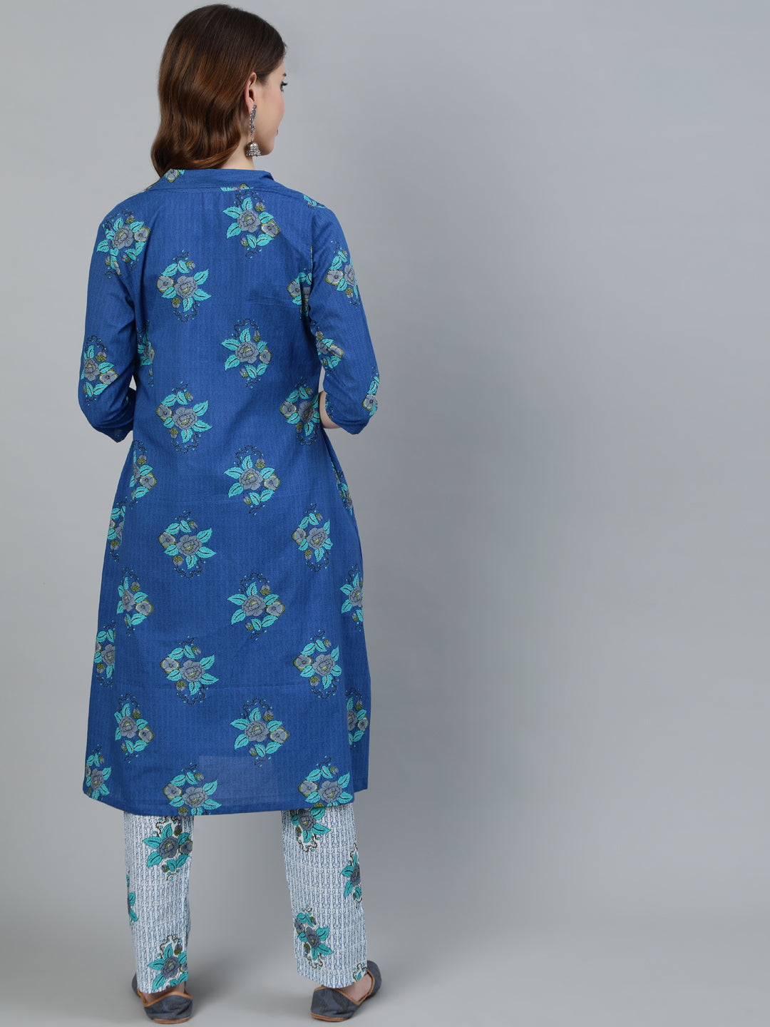 Blue Floral Print Kurta Pant With Jacket - Elganza