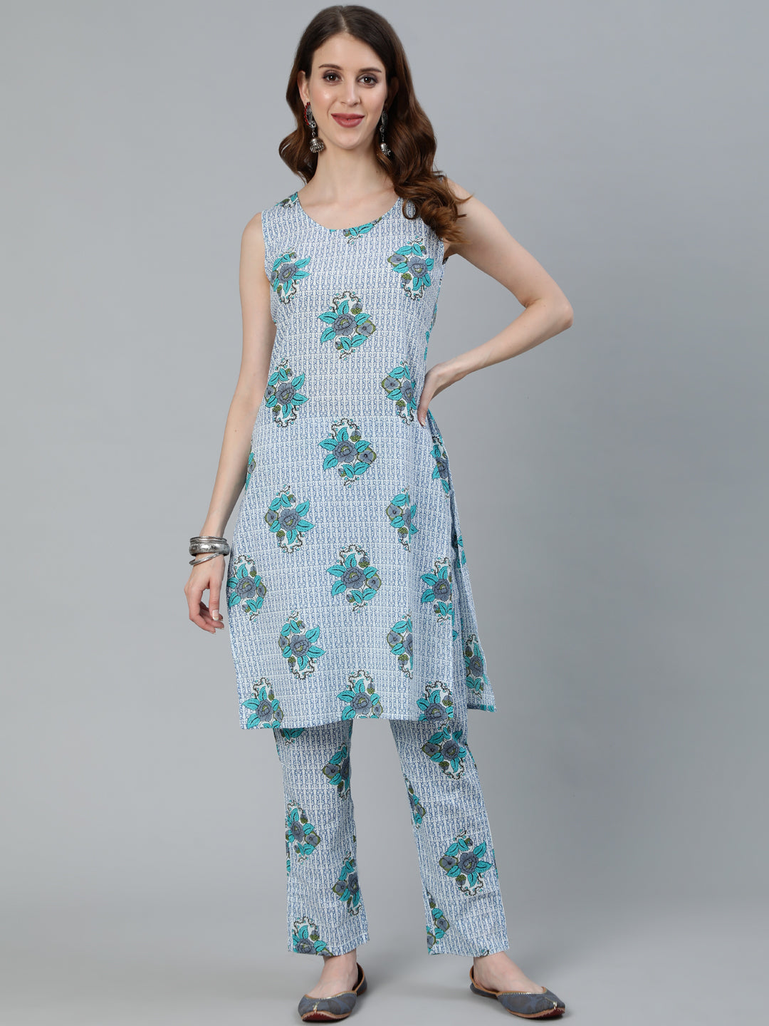 Blue Floral Print Kurta Pant With Jacket - Elganza