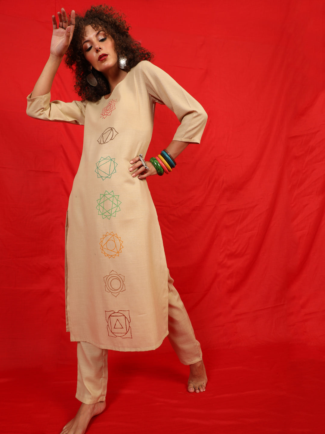 Beige Block Print Kurta With Palazzo - Elganza