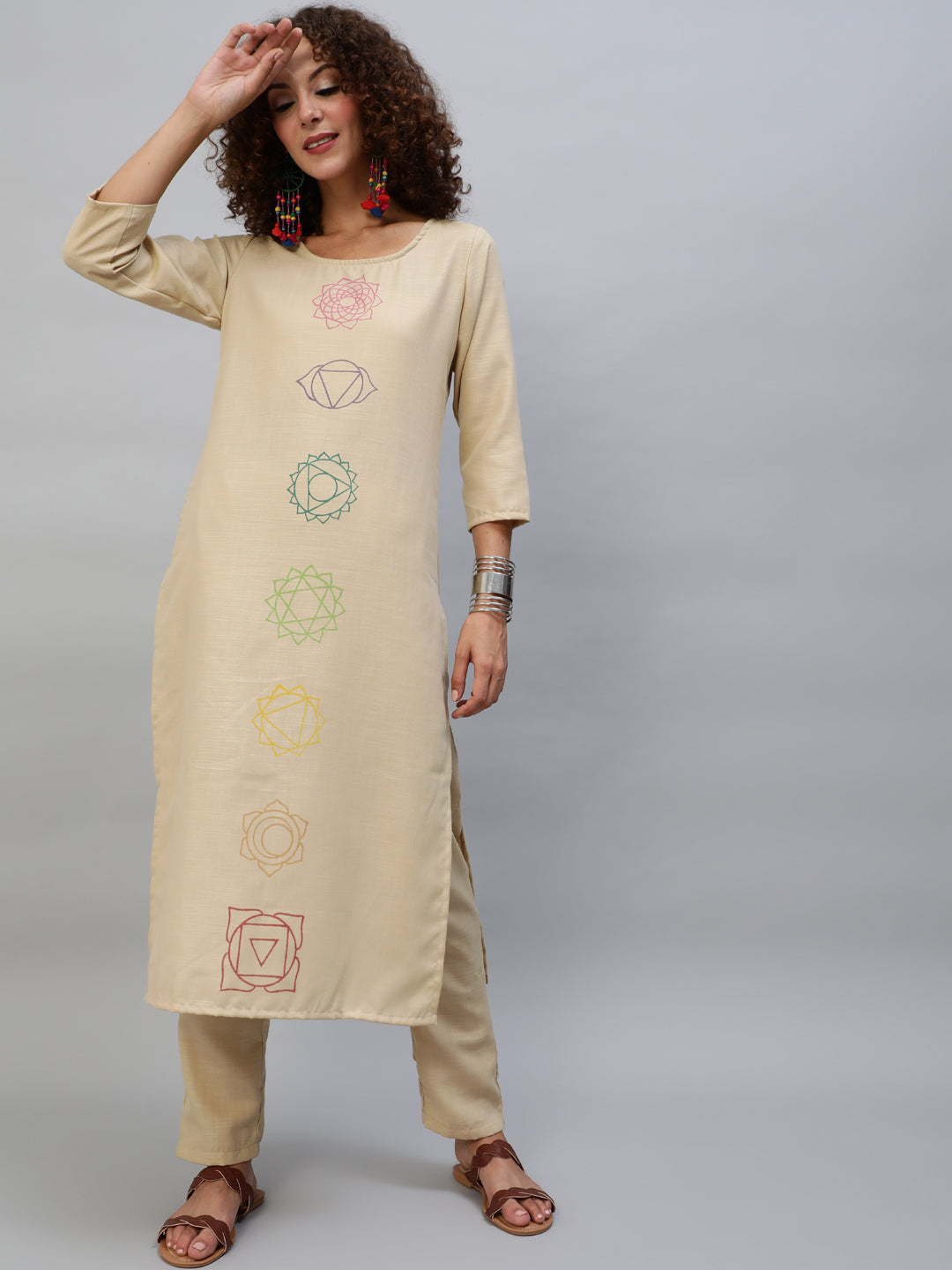 Beige Block Print Kurta With Palazzo - Elganza