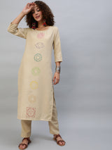 Beige Block Print Kurta With Palazzo - Elganza