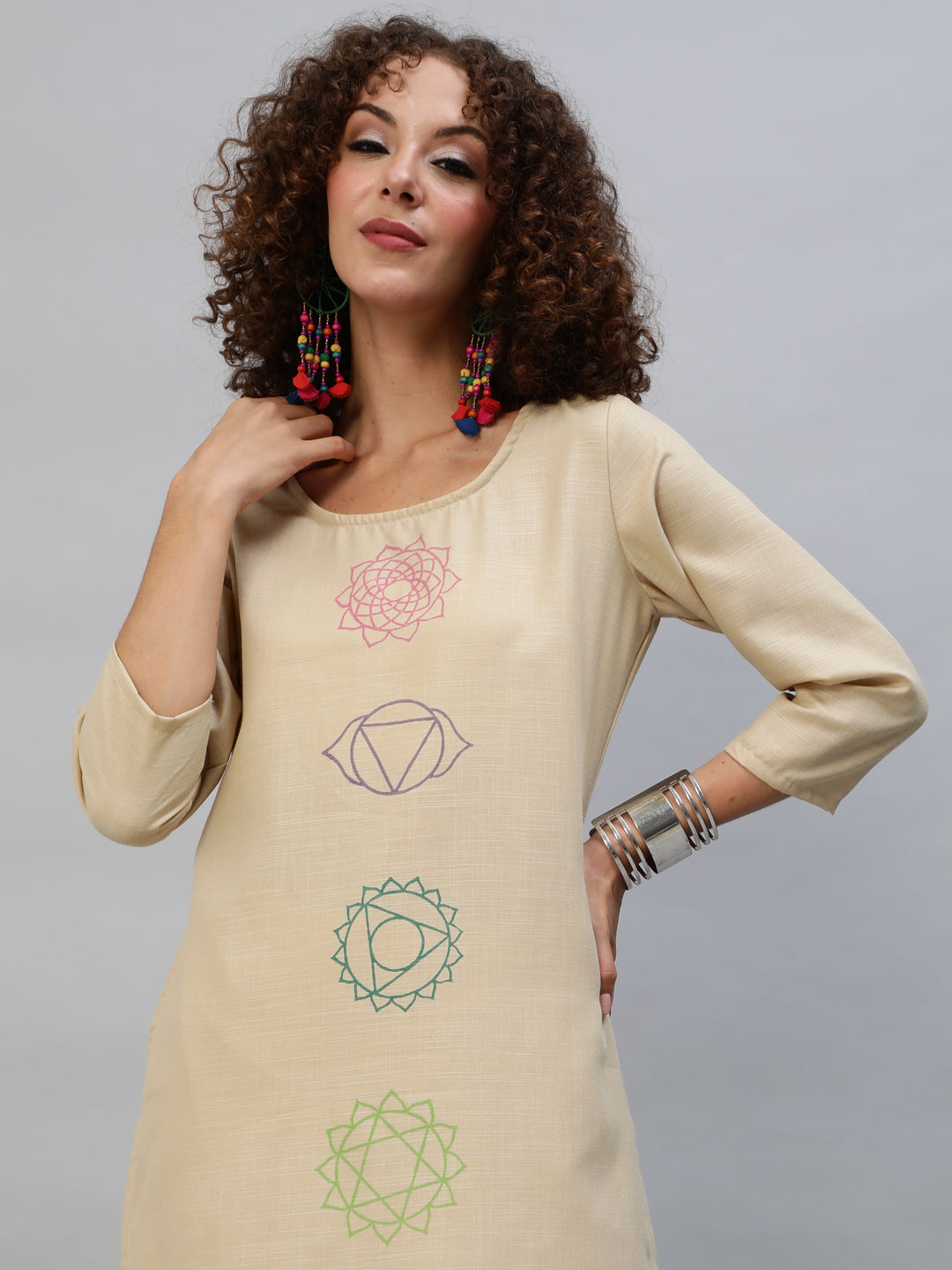 Beige Block Print Kurta With Palazzo - Elganza