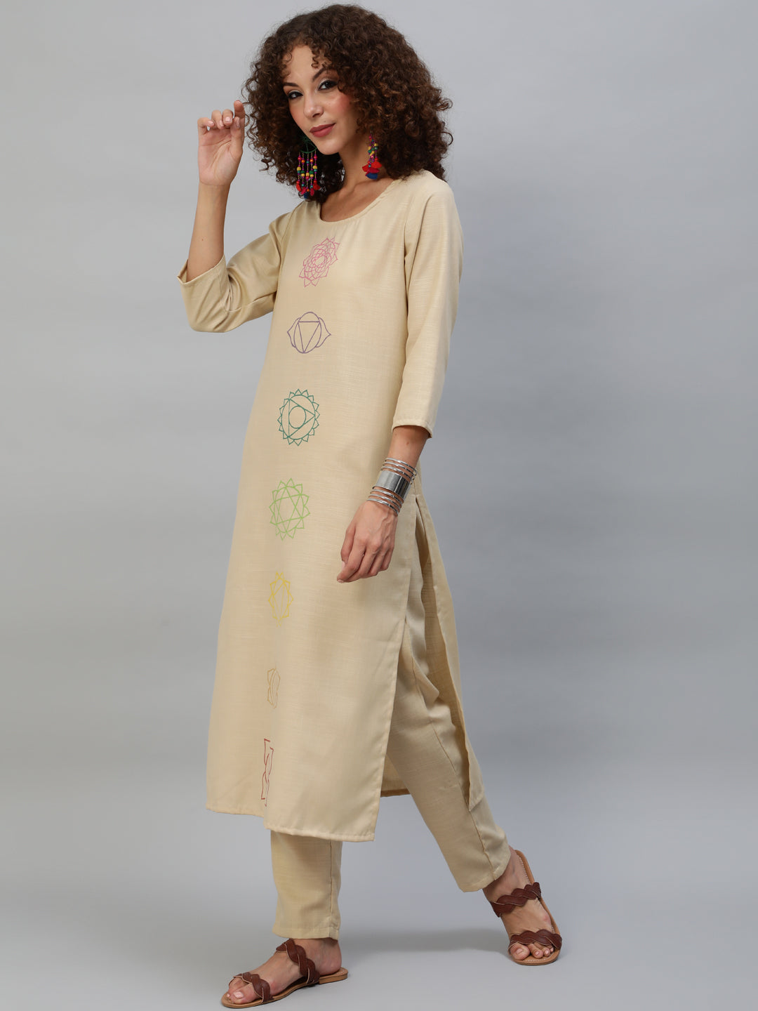 Beige Block Print Kurta With Palazzo - Elganza