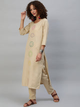 Beige Block Print Kurta With Palazzo - Elganza