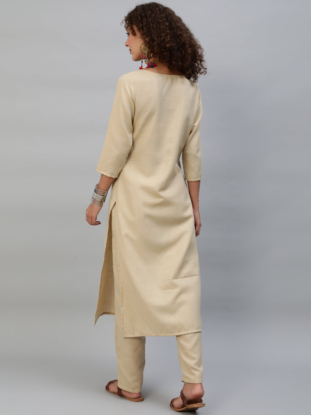Beige Block Print Kurta With Palazzo - Elganza